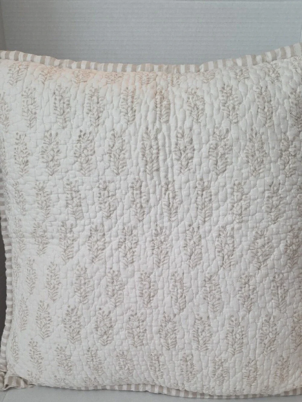 Garnet Hill Cream Tan Quilted Leaf-Embossed Cotton Strip Edge Accent Pillowcover